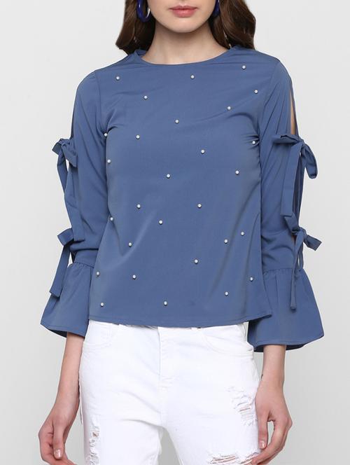 pearl embellished knotted sleeve top - 15394319 - Very Small Image - 1