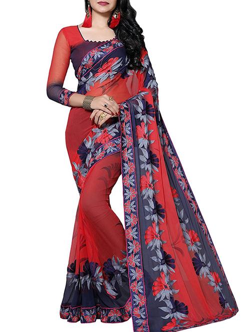 contrast floral thread embroidered saree with blouse - 15398061 - Very Small Image - 1