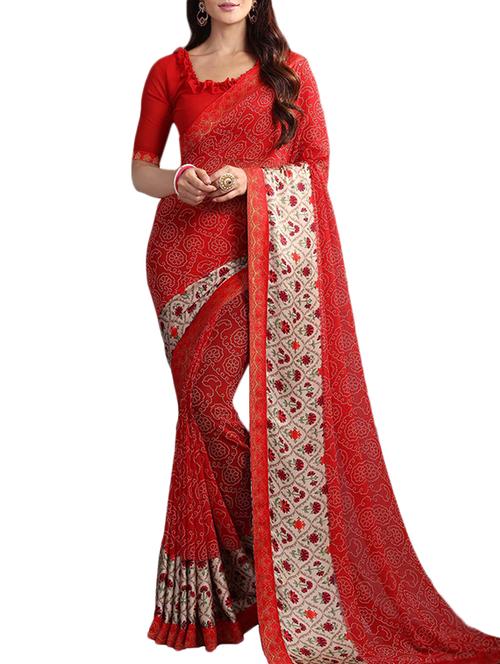 contrast bordered printed saree with blouse - 15398974 - Very Small Image - 1
