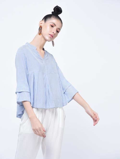 layered sleeve pleated striped top - 15399062 - Very Small Image - 1