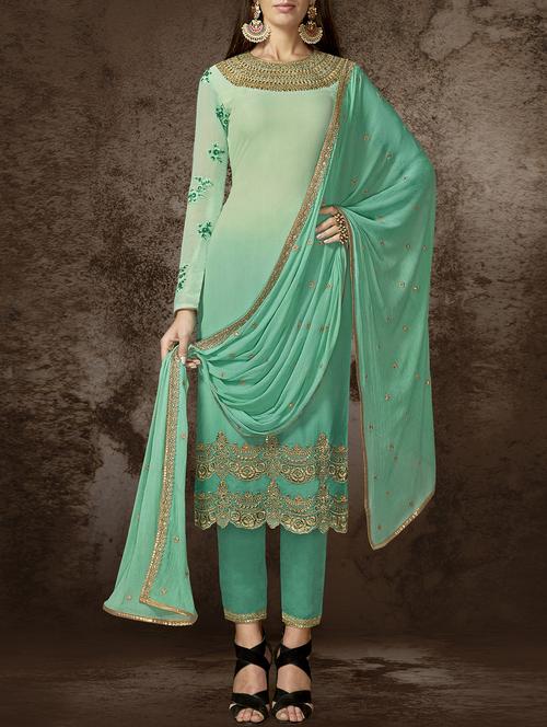 embroidered semi-stitched straight pant suit - 15409891 - Very Small Image - 1