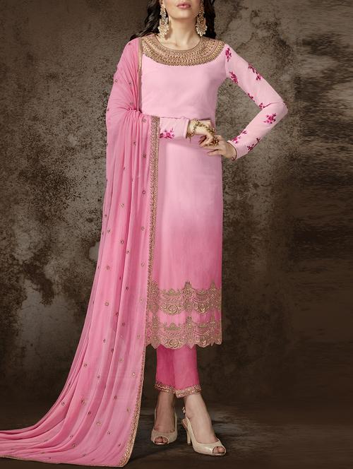 embroidered semi-stitched straight pant suit - 15409892 - Very Small Image - 1