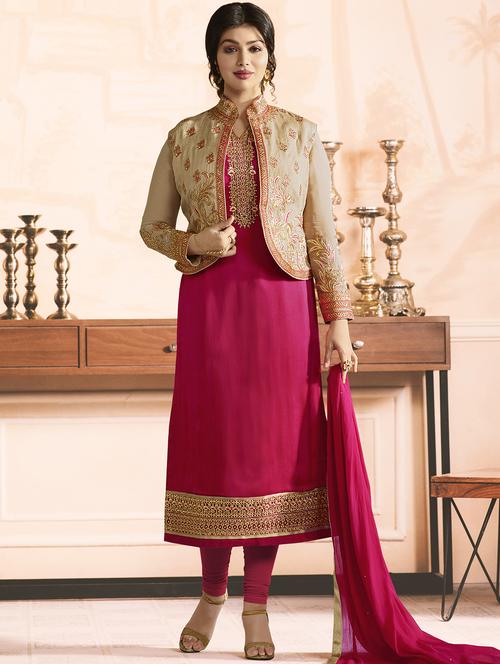 embroidered semi-stitched churidaar suit - 15410234 - Very Small Image - 1