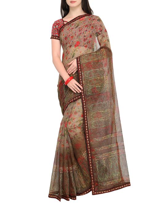 women's floral brown colored saree with blouse - 15414825 - Very Small Image - 1