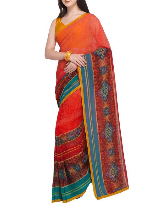 contrast bordered printed saree with blouse - 15414949 - Very Small Image - 1