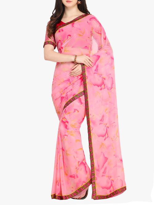 women's floral pink colored saree with blouse - 15414973 - Very Small Image - 1