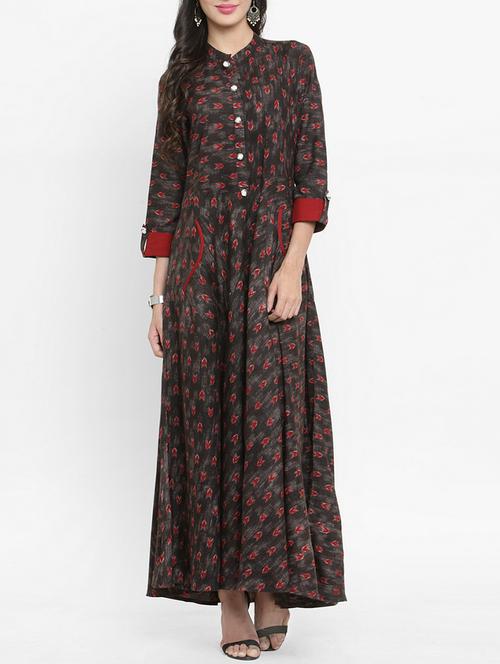 button up neck printed maxi dress - 15420387 - Very Small Image - 1