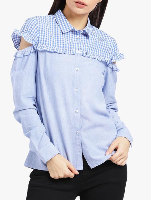 checkered yoke ruffle detail shirt - 15421692 - Very Small Image - 1