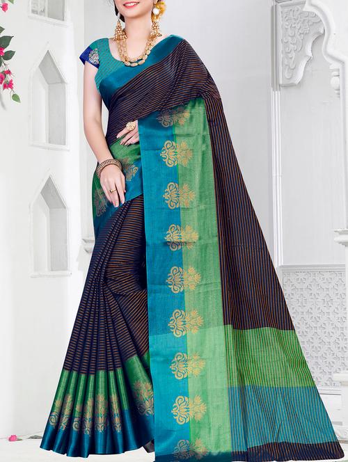 contrast jacquard border striped saree with blouse - 15426769 - Very Small Image - 1