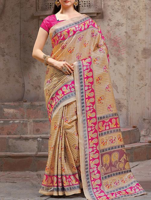 conversational printed beige saree with blouse - 15427411 - Very Small Image - 1