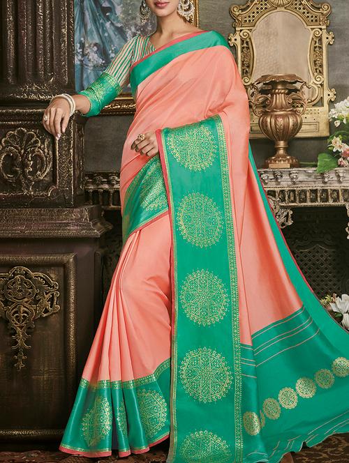 contrast zari border peach saree with blouse - 15427416 - Very Small Image - 1