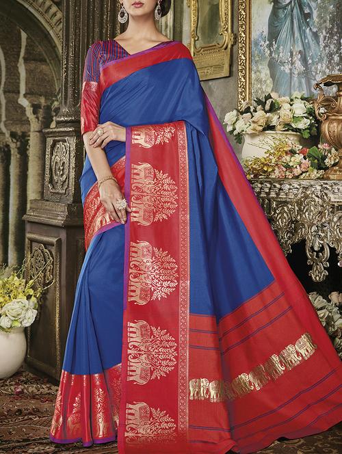 contrast zari conversational border saree with blouse - 15427420 - Very Small Image - 1
