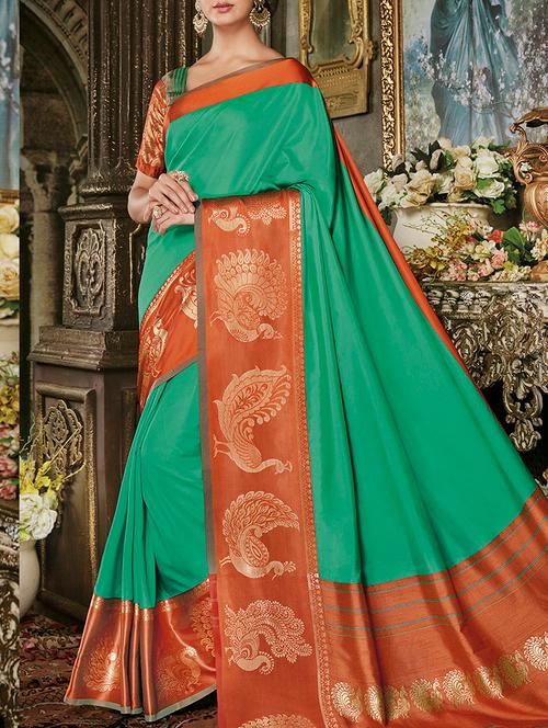 contrast zari conversational border saree with blouse - 15427423 - Very Small Image - 1