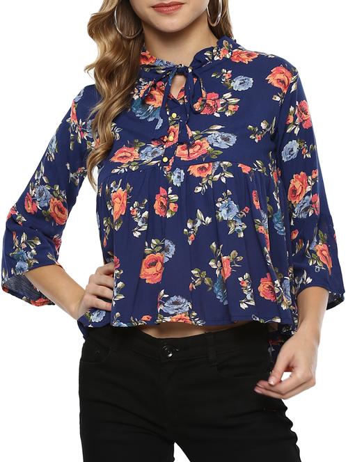 floral frill trim tie up neck top - 15427968 - Very Small Image - 1