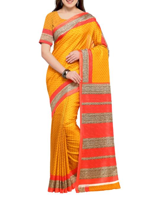 contrast border mustard printed saree with blouse - 15431058 - Very Small Image - 1