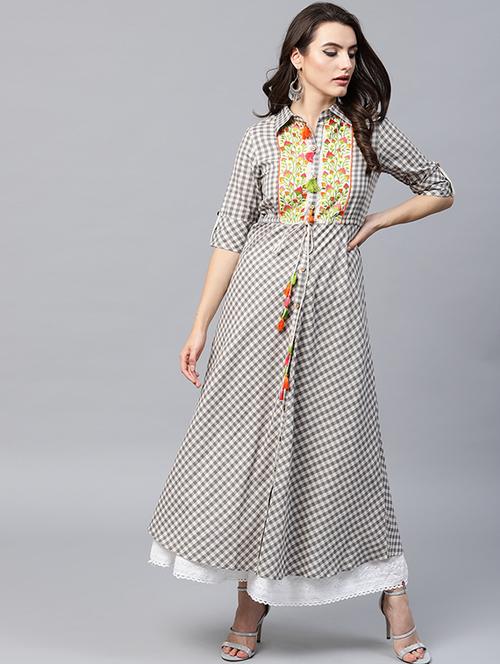 a-line checkered ethnic dress - 15440581 - Very Small Image - 1