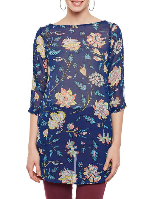 floral boat neck rounded hem tunic - 15442071 - Very Small Image - 1