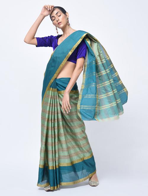 contrast border striped woven saree with blouse - 15447744 - Very Small Image - 1