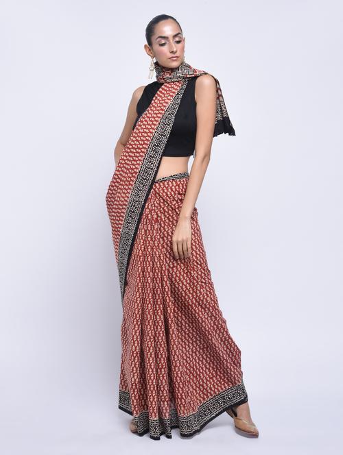 contrast border bagru printed saree with blouse - 15447809 - Very Small Image - 1