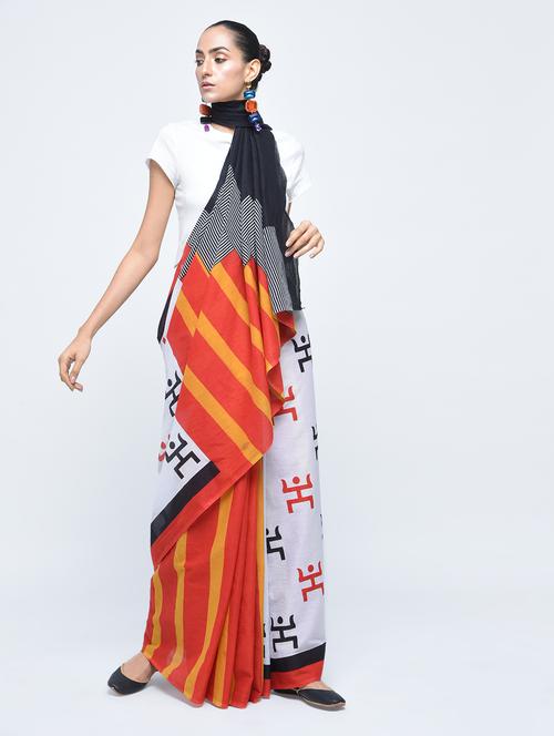 half & half striped bagru printed saree with blouse - 15447843 - Very Small Image - 1