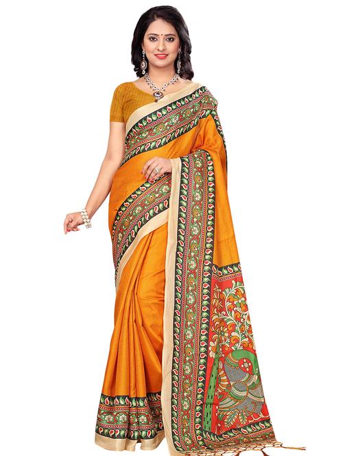 kalamkari border printed saree with blouse - 15449450 - Very Small Image - 1