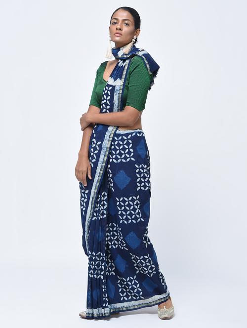 indigo geometrical chanderi printed saree with blouse - 15450507 - Very Small Image - 1