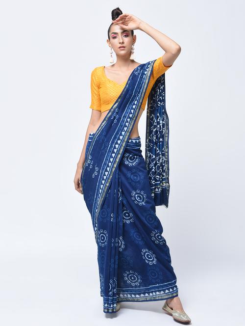floral indigo chanderi printed saree with blouse - 15450513 - Very Small Image - 1