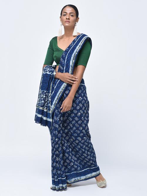 indigo chanderi printed saree with blouse - 15450516 - Very Small Image - 1