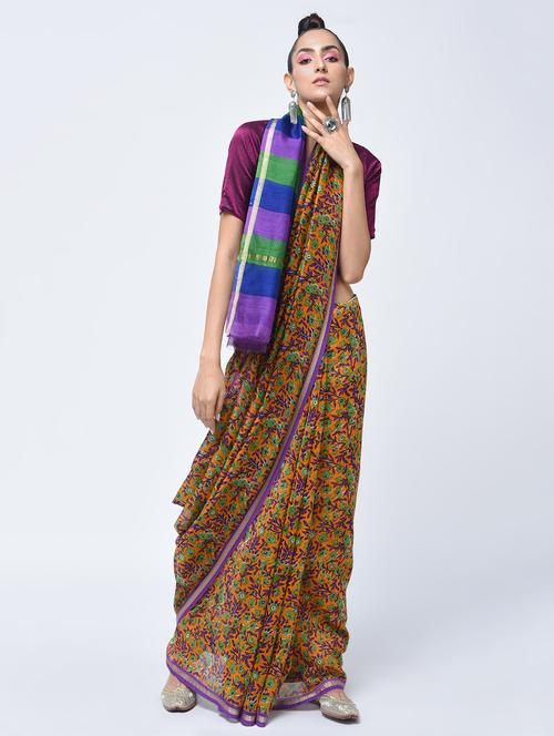 chanderi floral striped pallu saree with blouse - 15450531 - Very Small Image - 1