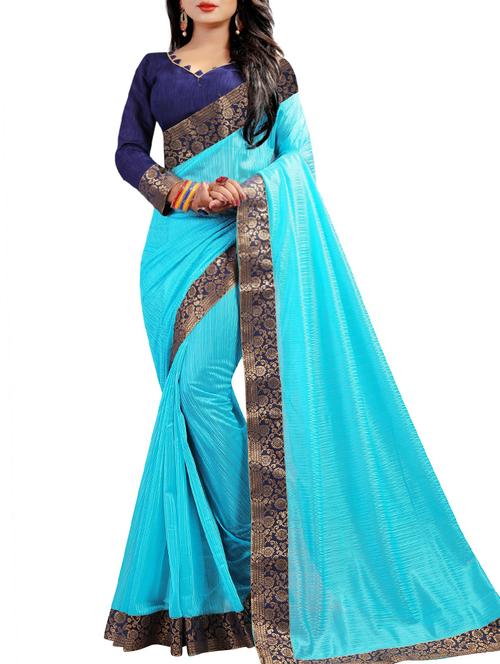 lace border solid sky blue saree with blouse - 15451866 - Very Small Image - 1