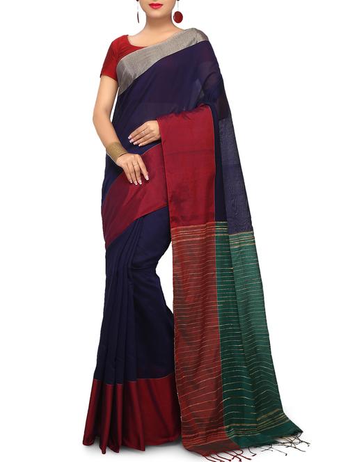 contrast striped pallu handloom saree with blouse - 15453075 - Very Small Image - 1