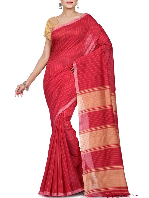 contrast pallu striped handloom saree with blouse - 15453107 - Very Small Image - 1