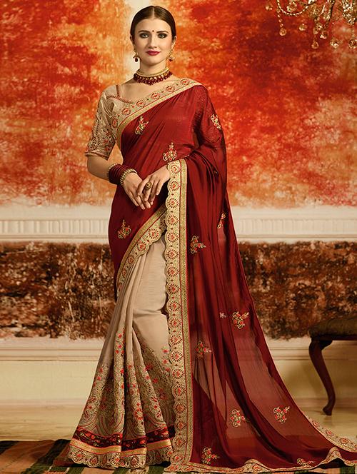 zari embroidered half & half saree with blouse - 15455221 - Very Small Image - 1