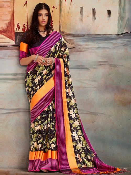 floral printed bordered saree with blouse - 15455275 - Very Small Image - 1
