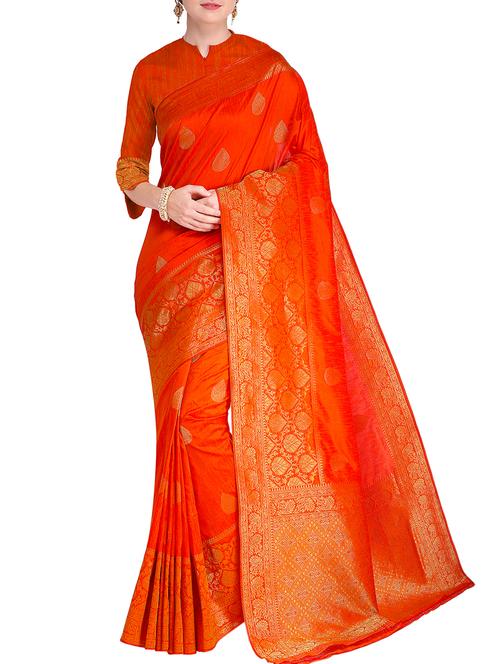 zari motif orange banarasi saree with blouse - 15458379 - Very Small Image - 1