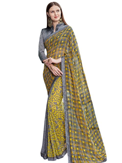 chequered print saree with blouse - 15458396 - Very Small Image - 1