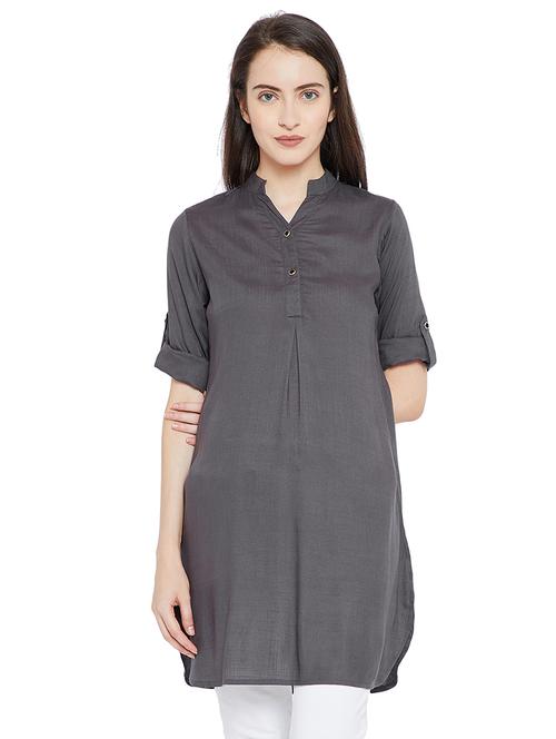 fossil grey roll-up sleeved high low tunic - 15458842 - Very Small Image - 1