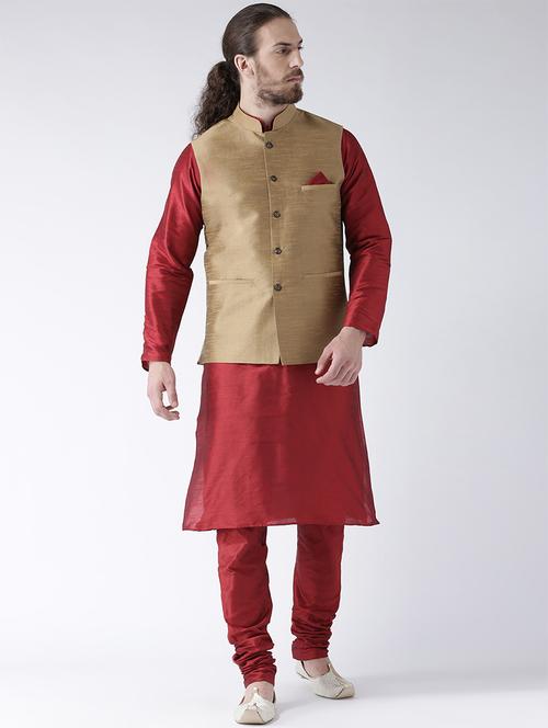 red silk blend kurta pyjama set with nehru jacket - 15458970 - Very Small Image - 1