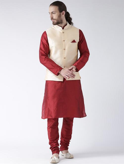 red silk blend kurta pyjama set with nehru jacket - 15458972 - Very Small Image - 1