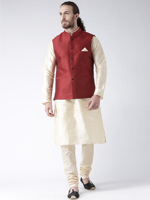 cream silk blend kurta pyjama set with nehru jacket - 15458974 - Very Small Image - 1