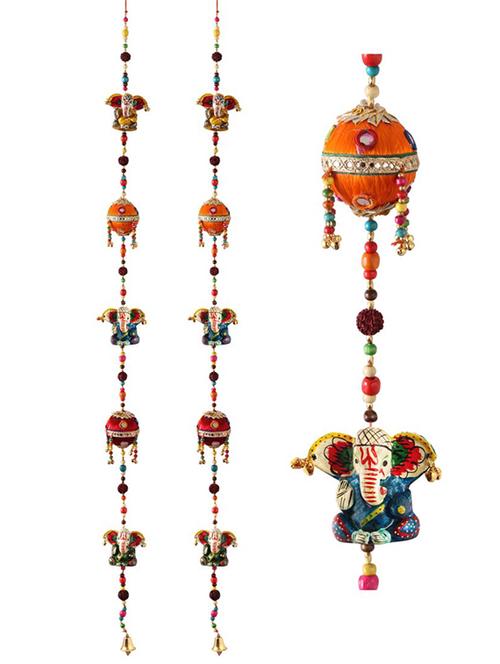 door hanging pair in paper machie ganesha  motif with decorative ball - 15459276 - Very Small Image - 1