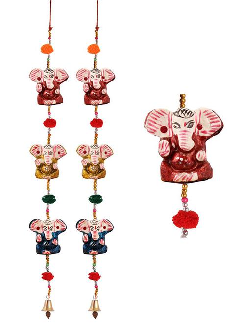door hanging pair of 3 paper machie ganesh with pumpum - 15459307 - Very Small Image - 1