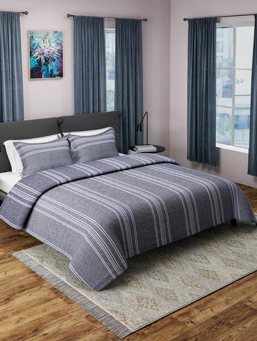 grey woven design cotton double bed cover with 2 pillow covers - 15460640 - Very Small Image - 1