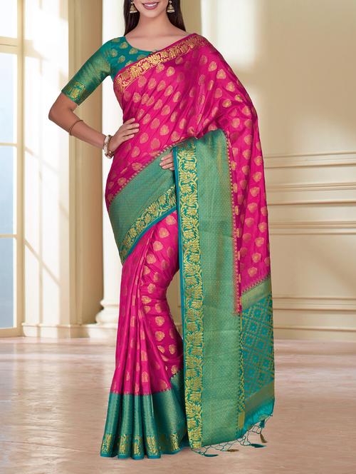 contrast zari pallu kanjivaram saree - 15464091 - Very Small Image - 1