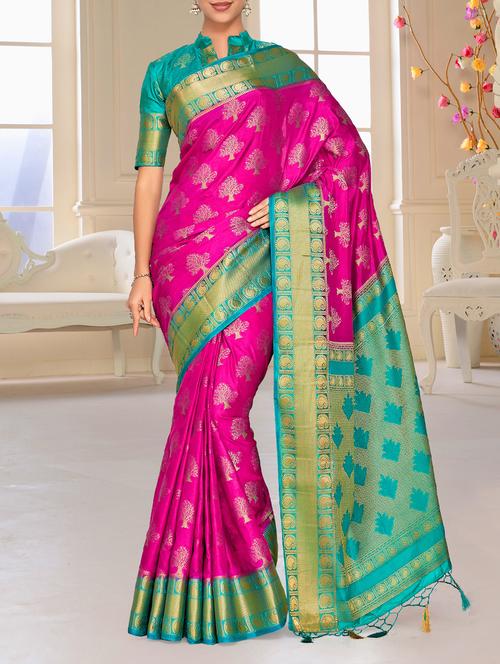 women's self design magenta colored saree with blouse - 15464236 - Very Small Image - 1