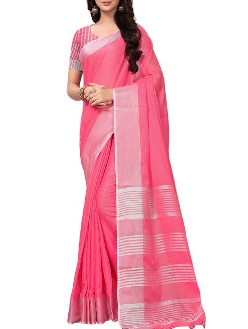 contrast striped bordered linen saree with blouse - 15464402 - Very Small Image - 1