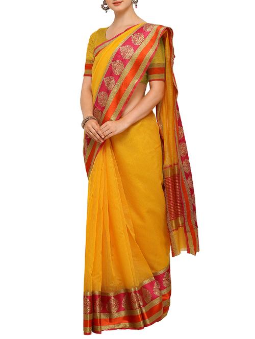 contrast zari border saree with blouse - 15464429 - Very Small Image - 1