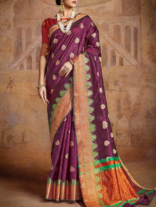 contrast striped pallu banarasi saree with blouse - 15464439 - Very Small Image - 1