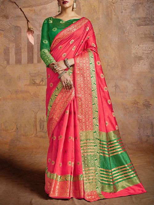 contrast striped pallu banarasi saree with blouse - 15464442 - Very Small Image - 1