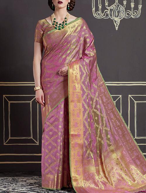 mauve zari motif banarasi saree with blouse - 15464463 - Very Small Image - 1